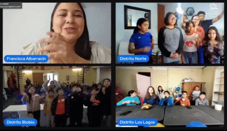 Transmisión en línea del Esgrima Bíblico Infantil Nacional de Chile, con niños de varios distritos conectados.
