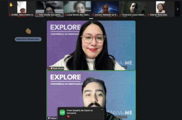 Pantalla de una sesión en línea de EXPLORE, la conferencia de orientación misionera.